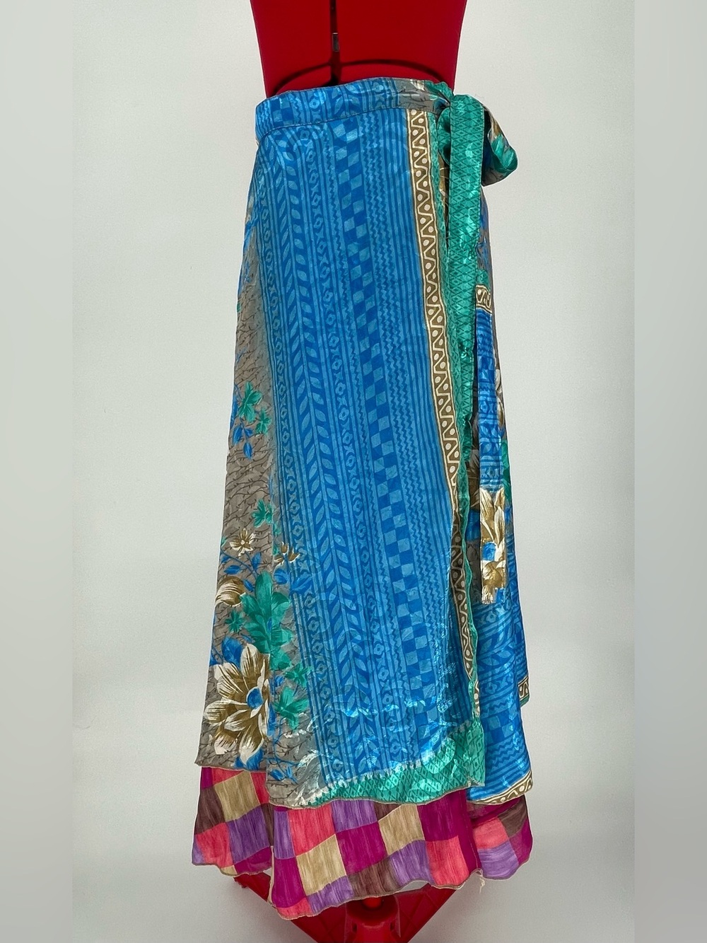 Vintage Colorful Patterned Satin Floral Checkered Reversible Wrap Maxi Skirt